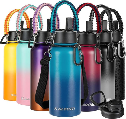 KXIAOCHEN Insulated Water Bottle with Strap, 48-Hour Cold, 2 Lids | Triple-wall insulation, lead-free 18/8 Stainless steel, paracord handle, carabiner clip, for gym, hiking, camping and travel