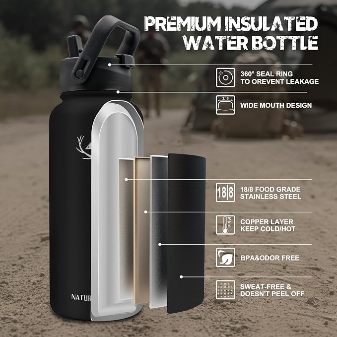 NATURE PIONEOR 32 oz Tactical Water Bottle with MOLLE Bottle Pouch & 3 Lids | 18/8 Food-grade Stainless Steel, Double Vacuum Insulation, 3 Leak-proof Lids, Handle, Strap, Camping, Hiking, Gym, Work