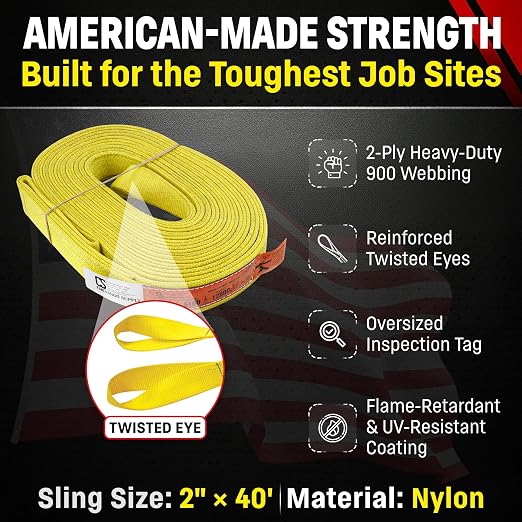 DD Sling 2" × 40' Nylon Lifting Sling – USA Made, 6,400 lb Vertical, 5,100 lb Choker, 12,800 lb Basket – 2-Ply Heavy Duty 900 Webbing, Type 4 Twisted Eye & Eye Rigging Sling