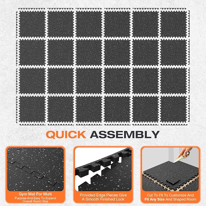 0.4'' Thick 24 Pcs 96 Sq Ft Non-Slip Rubber Top Exercise Equipment Mats, High Density EVA Foam Mats with Rubber Top, Interlocking Puzzle Gym Flooring for Home Gym, Workout Floor Mats, Black