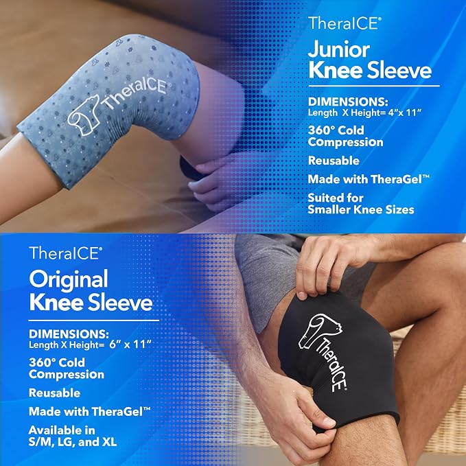 TheraICE Junior Knee Ice Pack Wrap, Cold Compression Sleeve for Injuries | Flexible Gel Ice Pack, Cooling Knee Sleeve, Comfortable Junior Fit, ACL MCL Relief