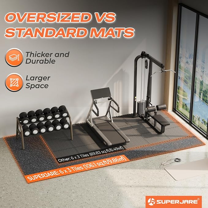 SUPERJARE 30" x 30" Larger Rubber Top Exercise Equipment Mats, 0.56" Thick 18PCS 112.5 Sq Ft High-Density EVA Foam Interlocking Gym Flooring, Big Workout Mat for Home Gym, Floor Protection, Black/Grey