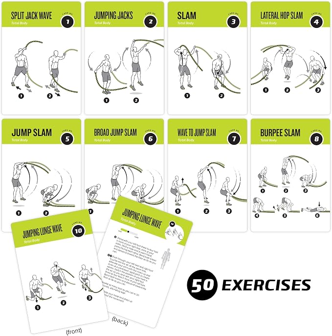 Battle Rope Exercise Cards for Home Workouts, Set of 62 - with Guided Strength Training Workout Cards Deck for Home or Gym, Illustrated Fitness Cards with 50 Exercises, Durable & Waterproof