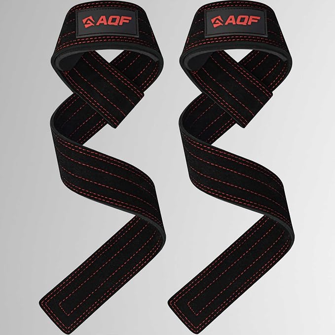 AQF Leather Weight Lifting Straps, Heavy Duty Wrist Strap for Powerlifting | Premium Suede Leather, Handcrafted Construction, Reinforced Dual Stitching, 3 mm thick & 66cm long, Sold as a Pair