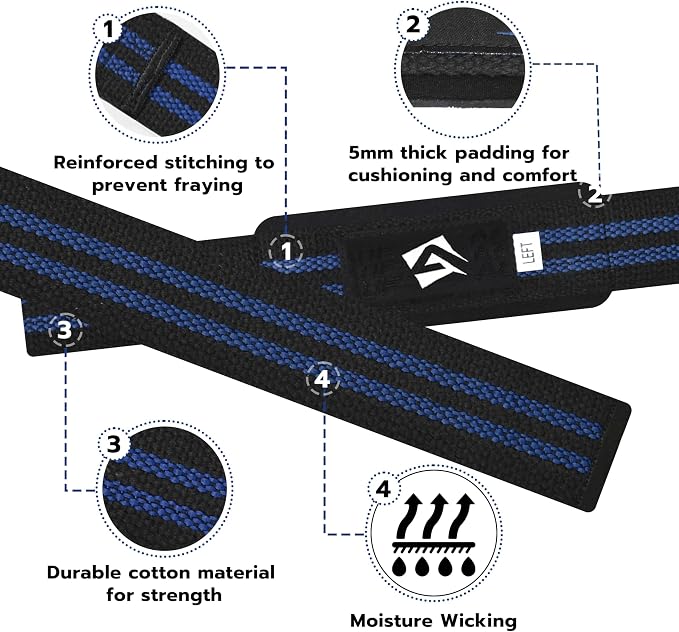 AQF Weight Lifting Straps, Padded Cotton Gym Wrist Straps for Deadlifts | 23" Extra-Long, Heavy-Duty Webbing, 5mm Neoprene Cushioning, Open-Loop Design, Sold as Pair, Ideal for Rows & Pull Workout