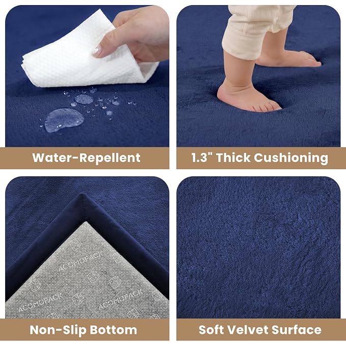 ACOMOPACK Baby Play Mat for Floor 1.3" Thick Memory Foam Play Mat 71"×79" Tummy Time Crawling with Non-slip Bottom for Living Room,Nursery,Soft Velvet Playpen Mats for Kids,Infants（Royal Blue）