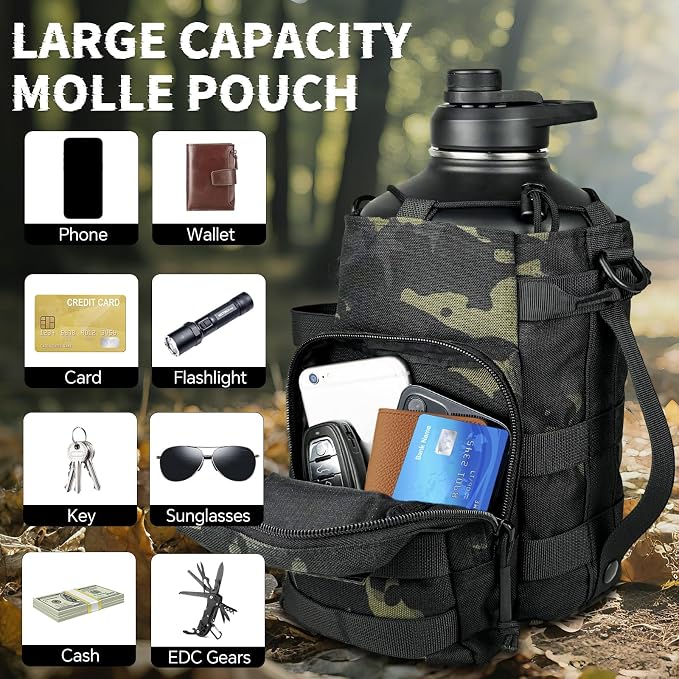 DEFUNX 1 Gallon Water Bottle Insulated with Sleeve - Tactical 128 oz Stainless Steel Water Jug with MOLLE Water Bottle Pouch, Large Gym Water Bottles for Men Hiking Workout (Black Camo)
