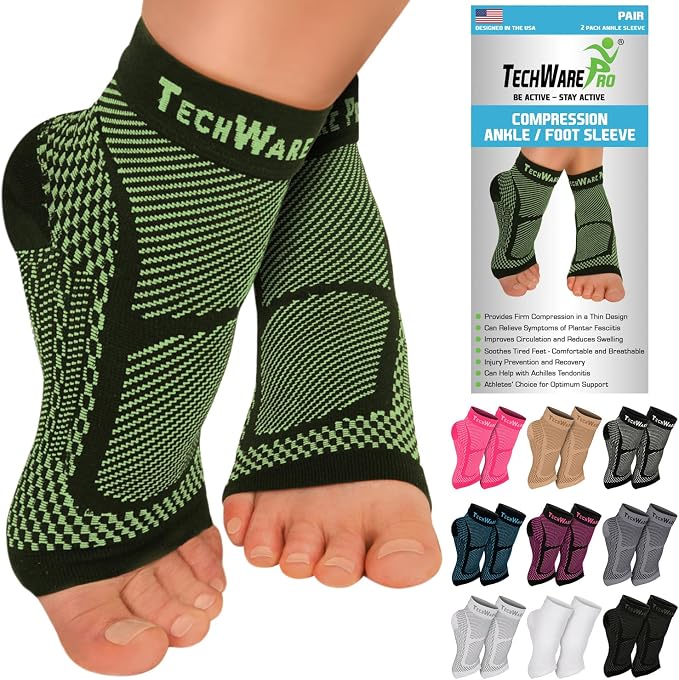 TechWare Pro Ankle Brace Compression Sleeve - Plantar Fasciitis Sock. Relieves Achilles Tendonitis. Foot Arch Support Reduces Joint Pain, Swelling & Heel Spur Pain. Injury Recovery Braces for Sports