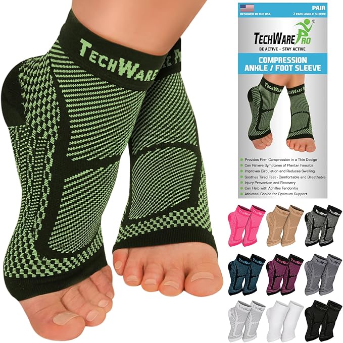 TechWare Pro Ankle Brace Compression Sleeve - Plantar Fasciitis Sock. Relieves Achilles Tendonitis. Foot Arch Support Reduces Joint Pain, Swelling & Heel Spur Pain. Injury Recovery Braces for Sports