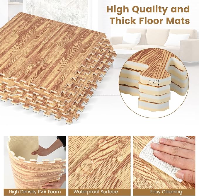 Giantex 24 Pcs Faux Wood Grain EVA Foam Tiles, 24"x24" Interlocking Floor | 96 Sq. Ft Puzzle Exercise Mats with 48 Borders, 0.4" Thick Waterproof Anti-Slip Flooring for Home Gym, Basement, Light Oak
