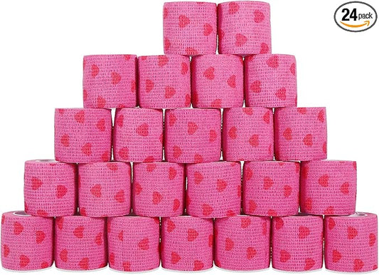 24 Rolls Elastic Self Adhesive Bandage Wrap 2 inch, Breathable Non Woven Cohesive Bandage, Vet Wrap for Dogs, Ankle Sprains Swelling Tape, Sports Athletic Tape (Pink Heart)