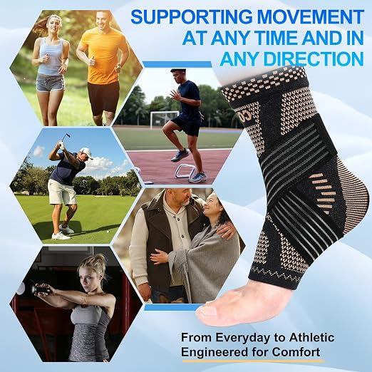 LISEPWU Copper Ankle Brace for Men & Women, Adjustable Compression Bandage | Ankle Compression Sleeve, for Foot Pain, Plantar Fasciitis, Sprained, Achilles Tendonitis, Sports Protection(Black L)