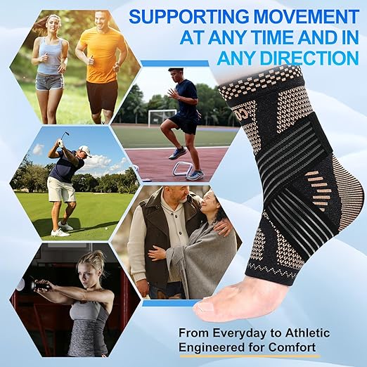 LISEPWU Copper Ankle Brace with Adjustable Compression Bandage, Ankle Support Compression Sleeve for Men & Women, for Foot Pain, Sprained Recovery, Achilles Tendonitis, Sports Protection(Black XL)