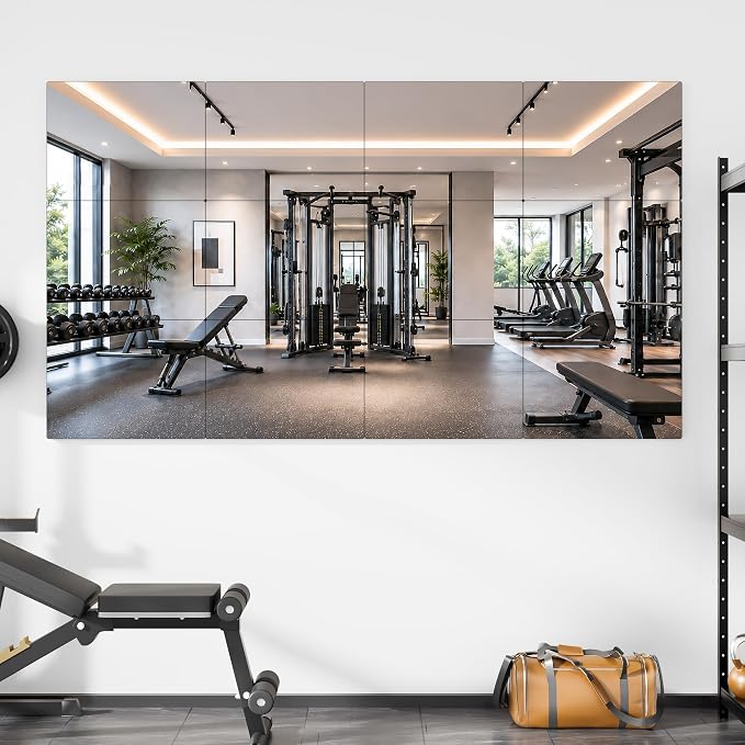 12 Pack Tempered Glass Gym Mirror Tiles 16" x 12" Each Self-Adhesive Wall Mirrors, Frameless Workout Mirrors for Home Gym Workout Yoga
