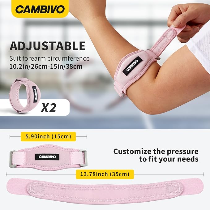 CAMBIVO 2 Pack Tennis Elbow Brace Strap for Tendonitis, Light Pink | EVA Compression Pad, Adjustable Strap with Premium Velcro, for Men and Women, Golfer's Elbow, Counterforce Brace, Breathable