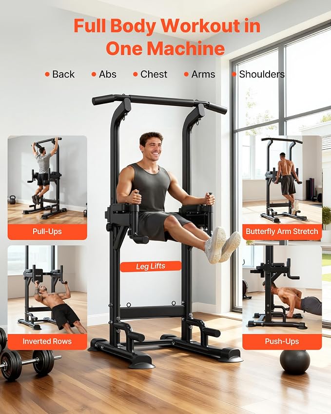 VEVOR Pull Up Bar, 330 LBS Power Tower Dip Station, Workout Dip Station with H-Shaped Stable Base & Back Pad, Adjustable 12 Level Height Free Standing Chin Up Bar for Back, 4-Level Adjustable Back Pad