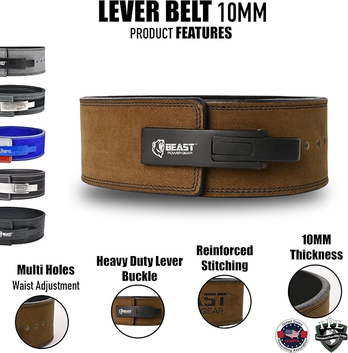 Beast Power Gear Weight Lifting Belt Lever Buckle 10MM 13MM Thick & 4 Inches Free Strap Weightlifting, Powerlifting, Deadlifts, Squats Men Women