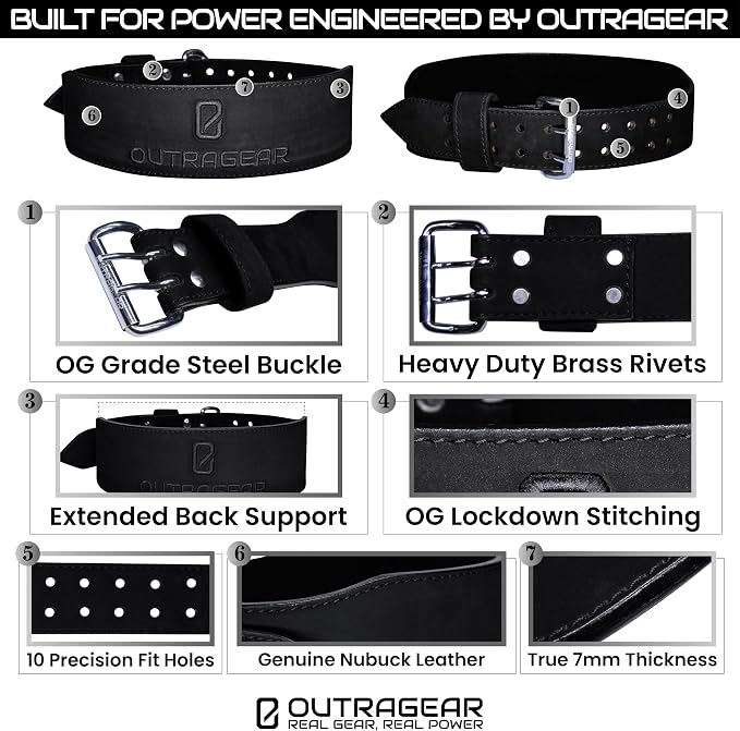 Real Leather Weight Lifting Belt - 7mm Gym Belt for Strength Training - Adjustable Buckle Weight Lifting Belts for Men & Women with Core Back Support
