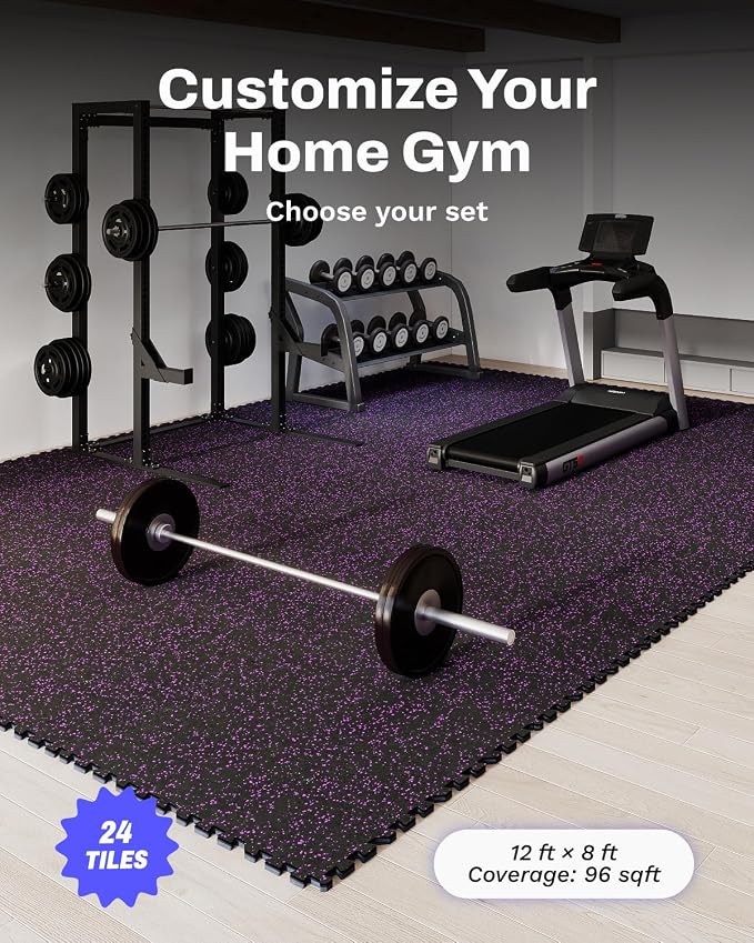AIRHOP 0.56in Thick 96 Sq Ft Exercise Equipment Mats, 24 Tiles Upgraded Rubber Top with High Density EVA Foam, Large Interlocking Puzzle Gym Flooring for Home Gym, Heavy Weight Workout, 24 x 24in