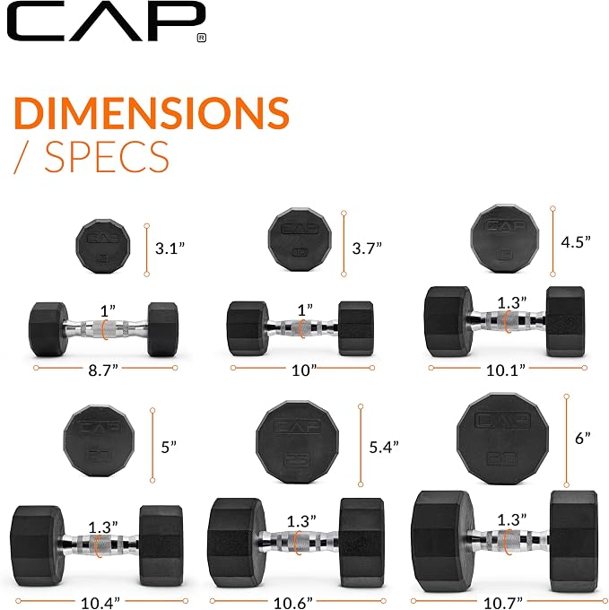 CAP Rubber Coated Hex Dumbbell Set with Storage Rack | 100–210 lb Options, Space-Saving Vertical Compact Storage for Home Gym Strength Training