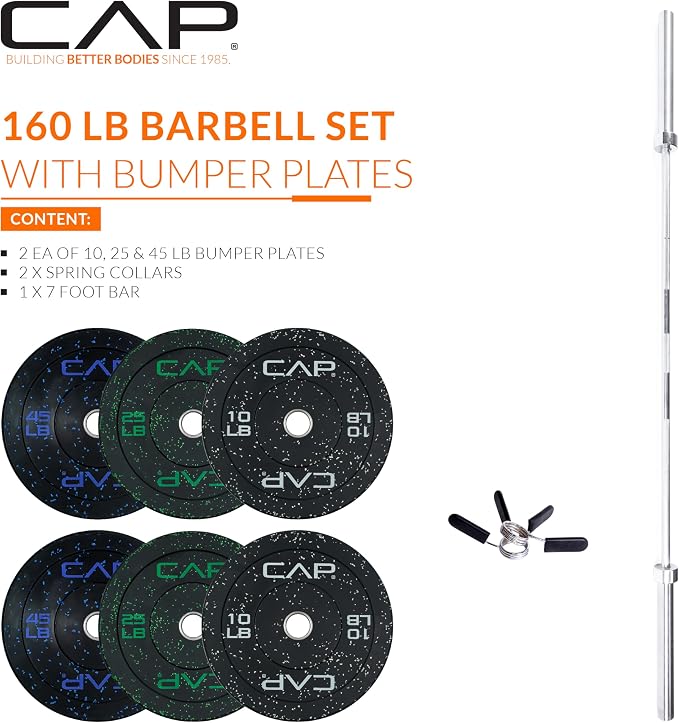 CAP Barbell Olympic Weight Set with 7ft Barbell & Bumper Plates | 160-370 lbs | Multiple Options