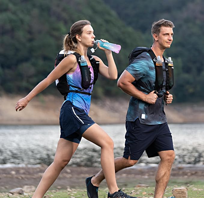 MARCHWAY Soft Hydration Flask with Wide Mouth, 300ml/500ml Collapsible TPU Water Bottle, Leakproof Portable Flexible for Running, Hiking, Cycling, Climbing, Gym, Travel (2pcs Blue-Purple 300ml)