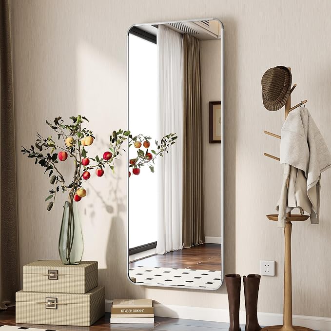 BEAUTYPEAK 56" x 21" Rounded Corner Full Length Mirror with Stand, Silver | Aluminum Alloy Frame with Standing, Leaning, or Wall-Mounted, Ideal for Bedroom, Dressing Room, Entryway, and Living Room
