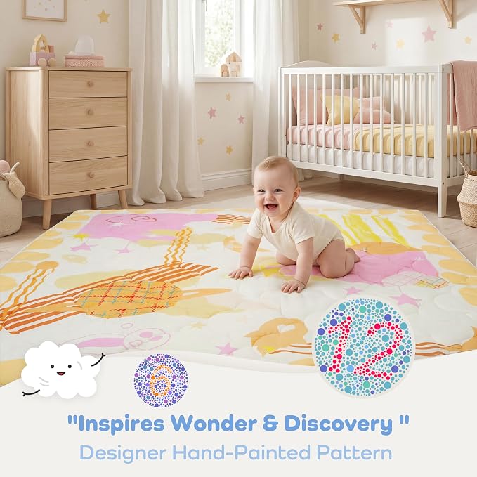 1.6" Thick Baby Play Mat, 71x59 Removable & Machine Washable Cover | Padded Memory Foam, Non-Slip Backing, 100% Baby-Safe Materials, Tummy Time Crawling, Outdoor, Bedroom, Living Room, Nursery