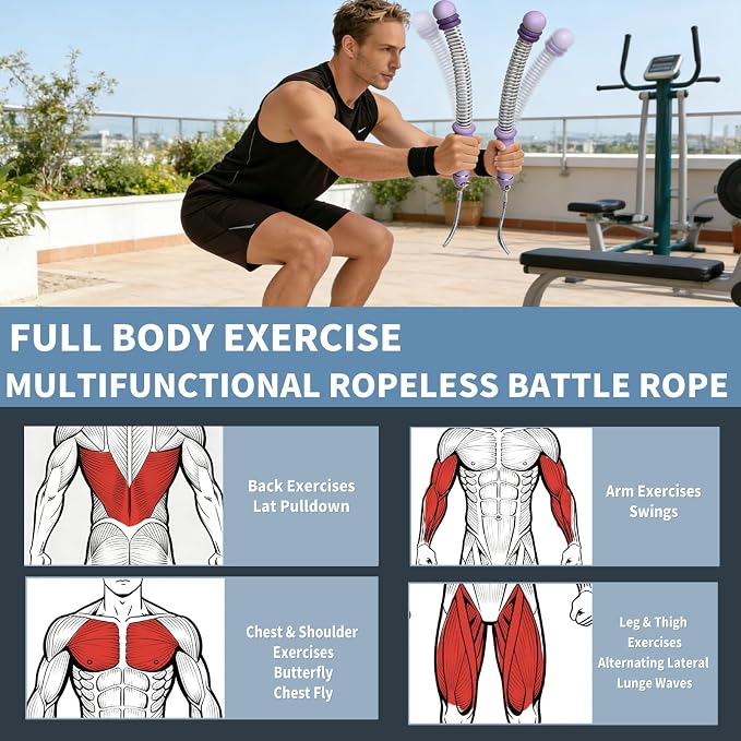 Pinailon Ropeless Battle Ropes Portable Cordless Strength Home Gym Purple | Workout Exercise Rope for Strength Building, Heavy Duty, HIIT & Low-Impact Aerobic Training for Men & Women