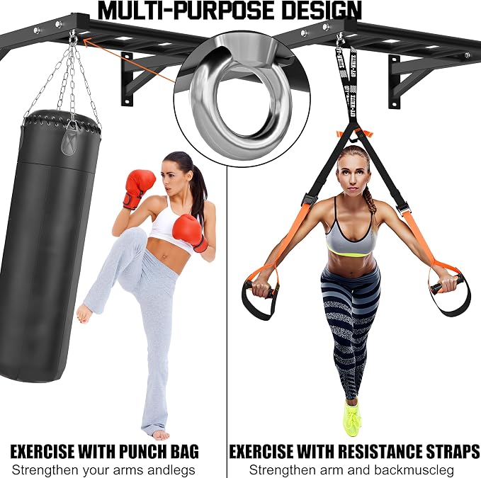 HOOUSA Wall-Mounted Pull-Up Bar, 600lb Load Capacity,Fit 24" wall Spacing | Multi Grip Design, 2 Suspension Ring, Suitable for Concrete and Wood Mounting, For Garage Indoor Basement Strength Training
