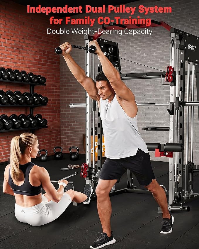 Garvee Smith Machine Home Gym, 2200LBS Power Cage Squat Rack with Smith Bar | With Cable Crossover, LAT Pull-Down & Leg Hold-Down - Multi-Functional Strength Training Equipment for Home, Red