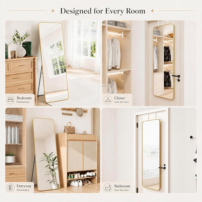 SCWF-GZ 57x20 Full Length Mirror Over The Door Hanging, Floor Stand/Wall Mounted Aluminum Alloy Frame Dressing Mirror for Bedroom Living Room 57 inch Gold