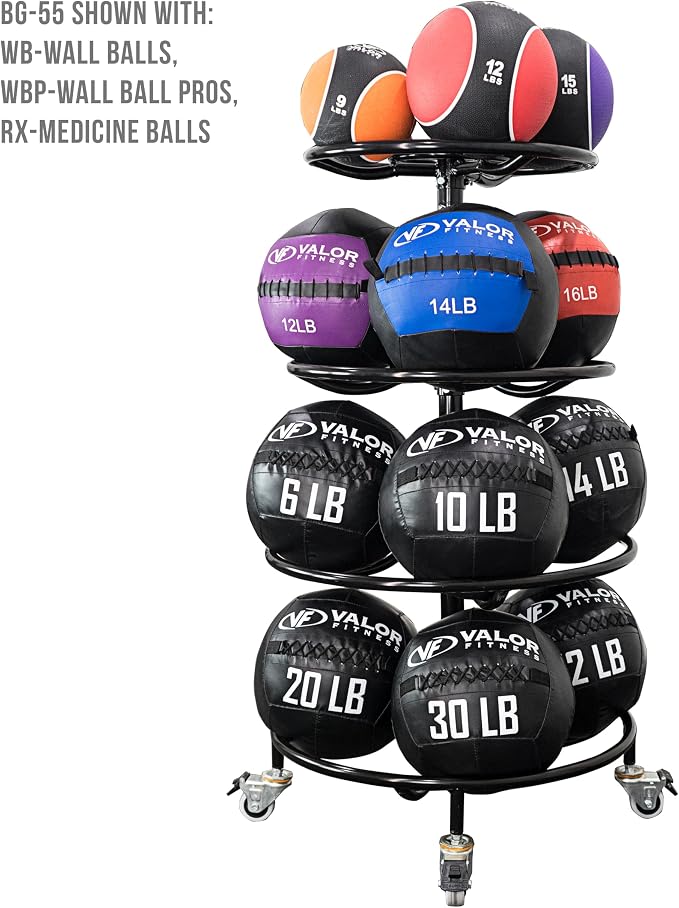 Valor Fitness 4-Tier Rolling Ball Storage Rack with Locking Wheels, Adjustable Sports Ball Organizer for Medicine Balls, Wall Balls, Slam Balls, Weighted Exercise Balls and Fitness Equipment Storage