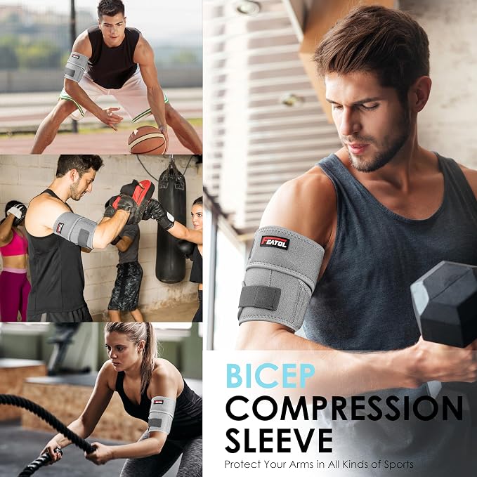 FEATOL Bicep Tendonitis Brace Compression Sleeve Support, Upper Arm Brace Tricep Bicep Support Bands for Men and Women, Arm Wrap Pain Relief for Muscle Strains and Inflammation(Gray, Small)