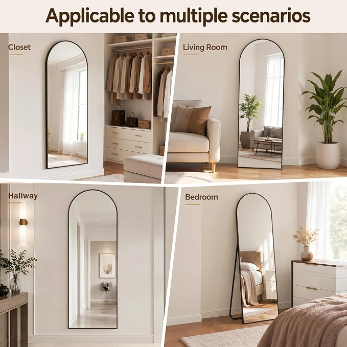 Antok Full Length Mirror, 71"x32" Floor Mirror with Stand, Hanging Mounted Mirrors for Bedroom, Living Room, Cloakroom, Dining Room, Black, Arched