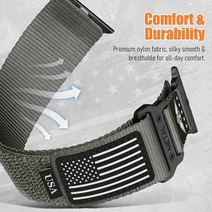 Rugged Nylon for Apple Watch Ultra 2/ Ultra 3 Band Series 11/10/9/8/7/6/5/4/3/SE iWatch Bands Men,Soft Woven Stars-Stripes Flag Wristbands Strap for Apple Watch Ultra 3/2/1 49mm 46mm 45mm 44mm 42mm