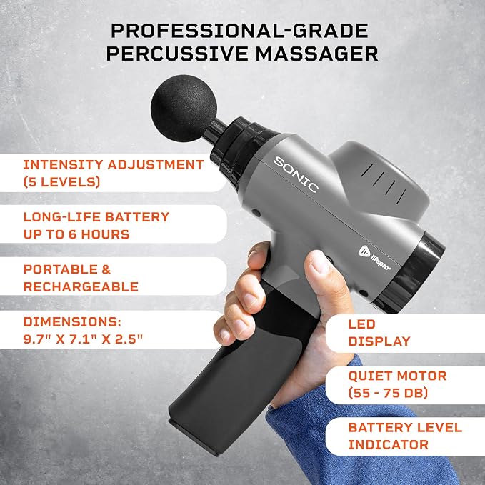 LifePro Sonic Massage Gun Percussion Muscle Massager, 8 Heads & 5 Speeds | Up to 6-Hr Runtime, Deep Tissue Massage Gun for Neck, Back, Calves, Quads, Feet, Trigger Points & Recovery Support