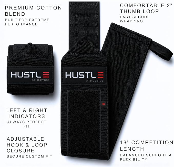 Hustle Athletics Wrist Wraps for Weightlifting, USPA-Approved 18" Wrist Support Straps for Bench Press, Squats & Overhead Press, Heavy-Duty Gym Wraps for Men and Women