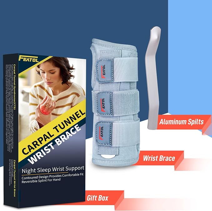 FEATOL Carpal Tunnel Wrist Brace Night Support- Pain Relief Tendonitis, Sprained，Arthritis, Carpal Tunnel Syndrome -Metal Splint Stabilizer With Hand Brace -FOR Sleeping Work Women Men -Left(S/M)