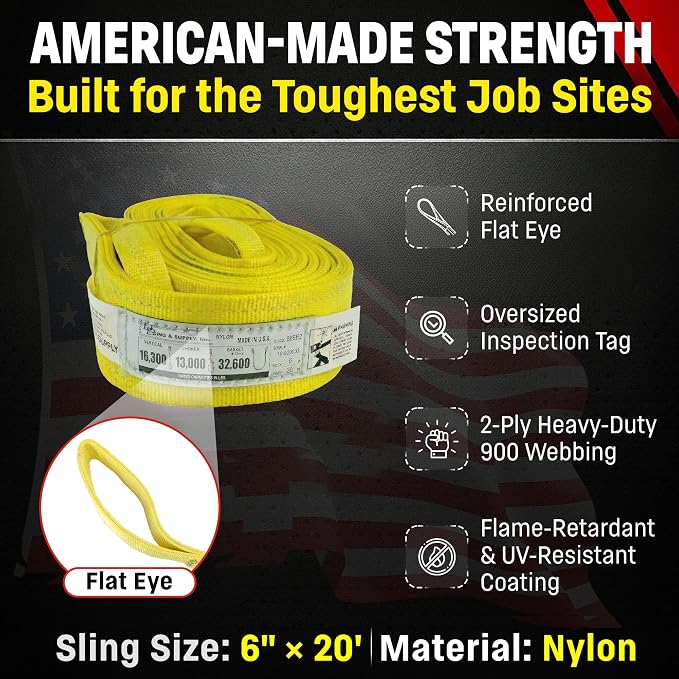 DD Sling 6 Inch x 20 Foot Nylon Lifting Sling – USA Made, 16,300 lb Vertical, 13,000 lb Choker, 32,600 lb Basket – 2-Ply Heavy Duty 900 Webbing, Type 3 Flat Eye & Eye Rigging Sling