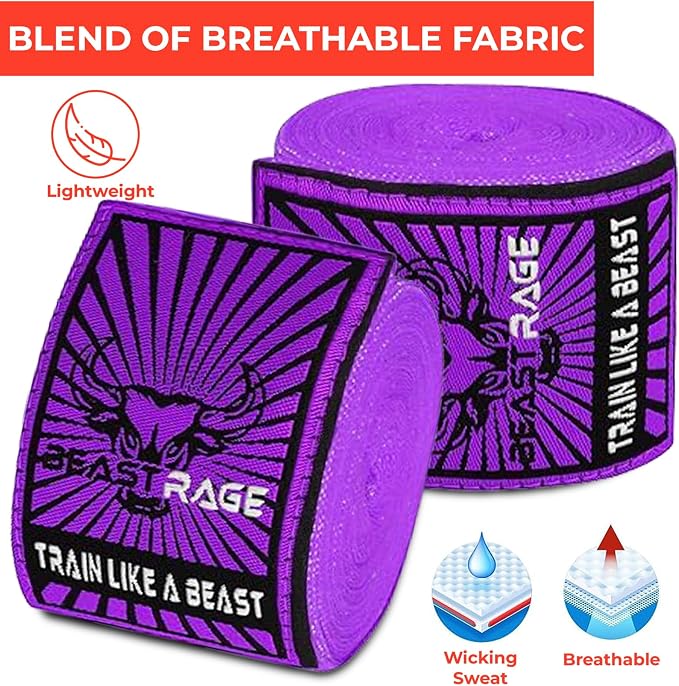 BEAST RAGE Boxing Hand Wraps for MMA Kickboxing Wrist Wraps Professional Adult 180" Semi-Elastic Martial Arts Inner Gloves Heavy Bag Handwraps Muay Thai Thumb Straps
