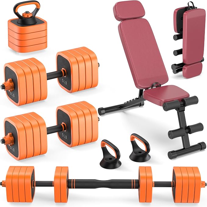 Rendpas 4-in-1 Adjustable Dumbbell Set with Foldable Bench for Home Gym | 800LB Capacity, 10 Angles Incline, Convert to Barbell, Kettlebell, Push-Up Stand