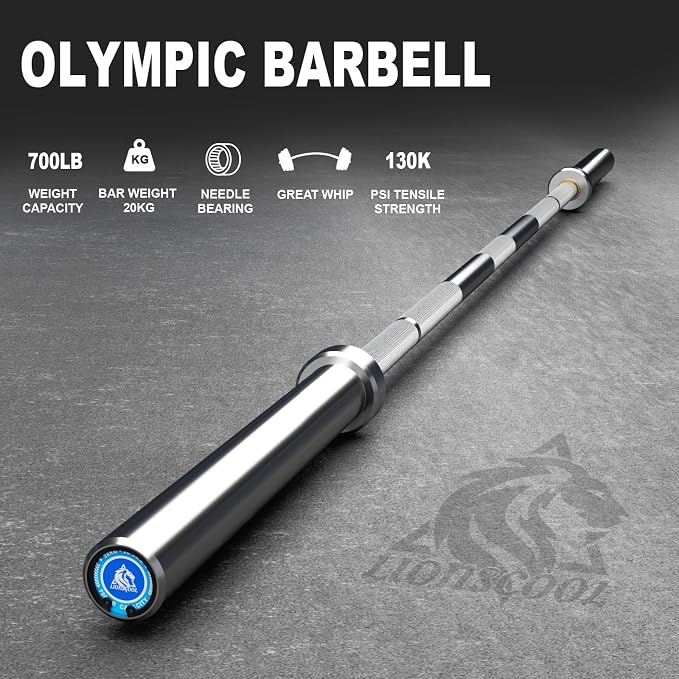 LIONSCOOL 7FT Olympic Barbell 2” Bar for Strength Training Weightlifting | 700/1000/1500lbs Weight Capacity, 2-Inch 40/45lbs Black, Silver, Red, Chrome Power Lifting, Squat, Deadlift, Presses, Row Bar