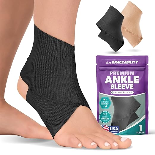 BraceAbility Ankle Compression Sleeve, Ankle Support Brace for Sprained Ankle, Swelling, Tendonitis, Foot Compression Wrap for Running, Ankle Support for Women and Men (Medium - Black)