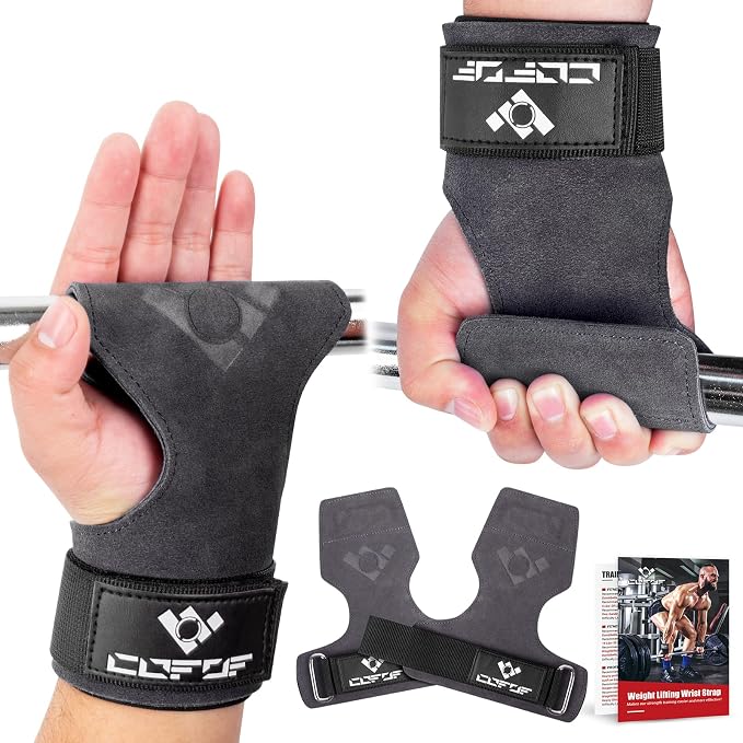 Weight Lifting Wrist Strap, Double-Layer Leather for Deadlift Powerlifting | Gym Strap with Adjustable Neoprene Padded Fit for 6.3–8 Inch Wrist, 8.07-Inch Leather Strap, Gym Workout Lifting Hook (Pair)
