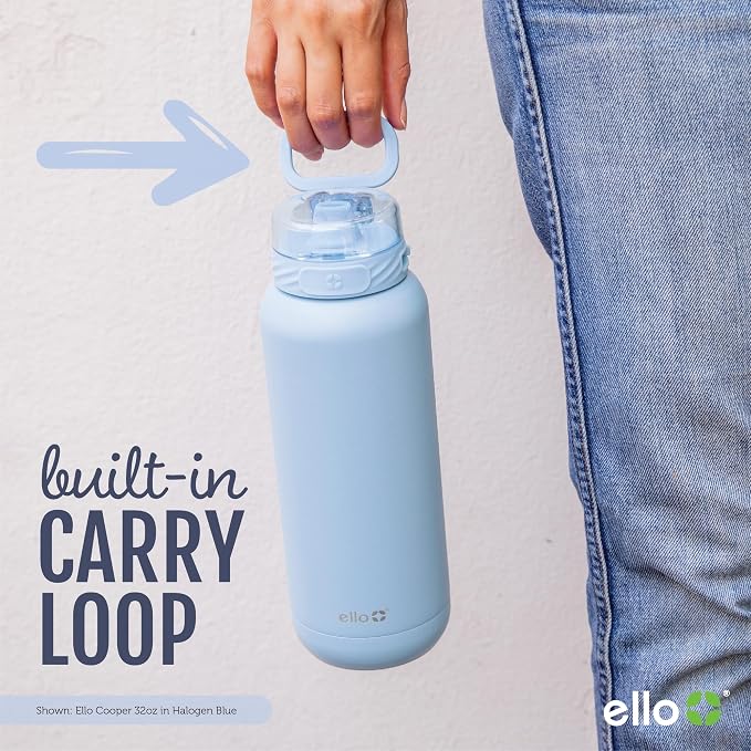 Ello Cooper 22oz Stainless Steel Water Bottle with Straw and Carry Handle, Double Walled and Vacuum Insulated Metal, Leak Proof Locking Lid with Soft Silicone Spout, Reusable, BPA Free, Yucca