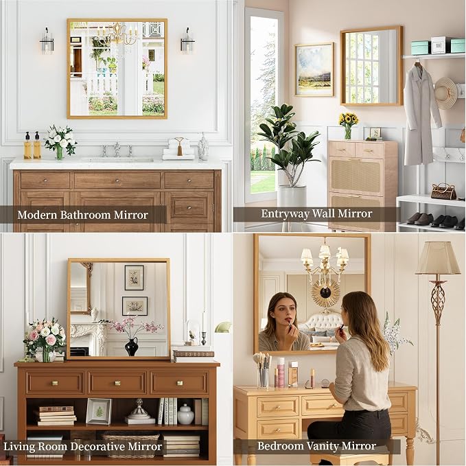 Syndra Square Natural Wood Frame Bathroom Mirror, 32''x32'' Modern Vanity Mirror for Wall, Waterproof Slim Deep Frame, HD Tempered Glass Mirror for Living Room, Bedroom, Entryway, Rustic, Farmhouse