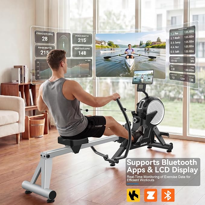 pooboo Dual Scull Rowing Machine with Wind and Magnetic Resistance | 400 LB weight capacity, 14 resistance levels, foldable design, quiet operation and app support for convenient home workouts