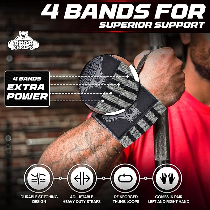 Bear Grips Wrist Wraps for Weightlifting | Weight Lifting Wrist Straps for Weightlifting | Extra Strength Gym Wrist Wraps | Two Wrist Wrap Per Pack | 12” & 18” | Lifting Wrist Wraps for Men & Women
