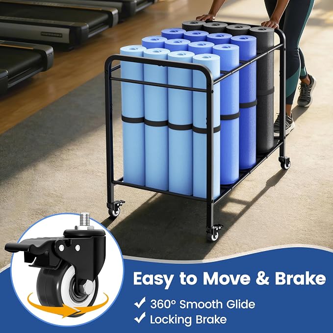 Yoga Mat Storage Rack Basket with Wheels for Foam Rollers, Metal, Home Gym | Floor-standing cart for yoga studios, gyms and fitness classes | Stores dumbbells and kettlebells with workout gear